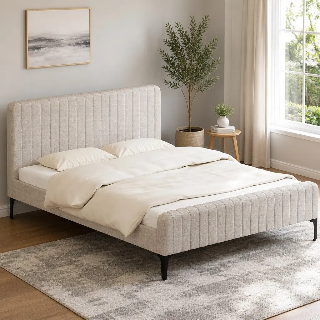 Queen Size Bed Frame Beige Upholstered Fabric with Matching Headboard and Foot
