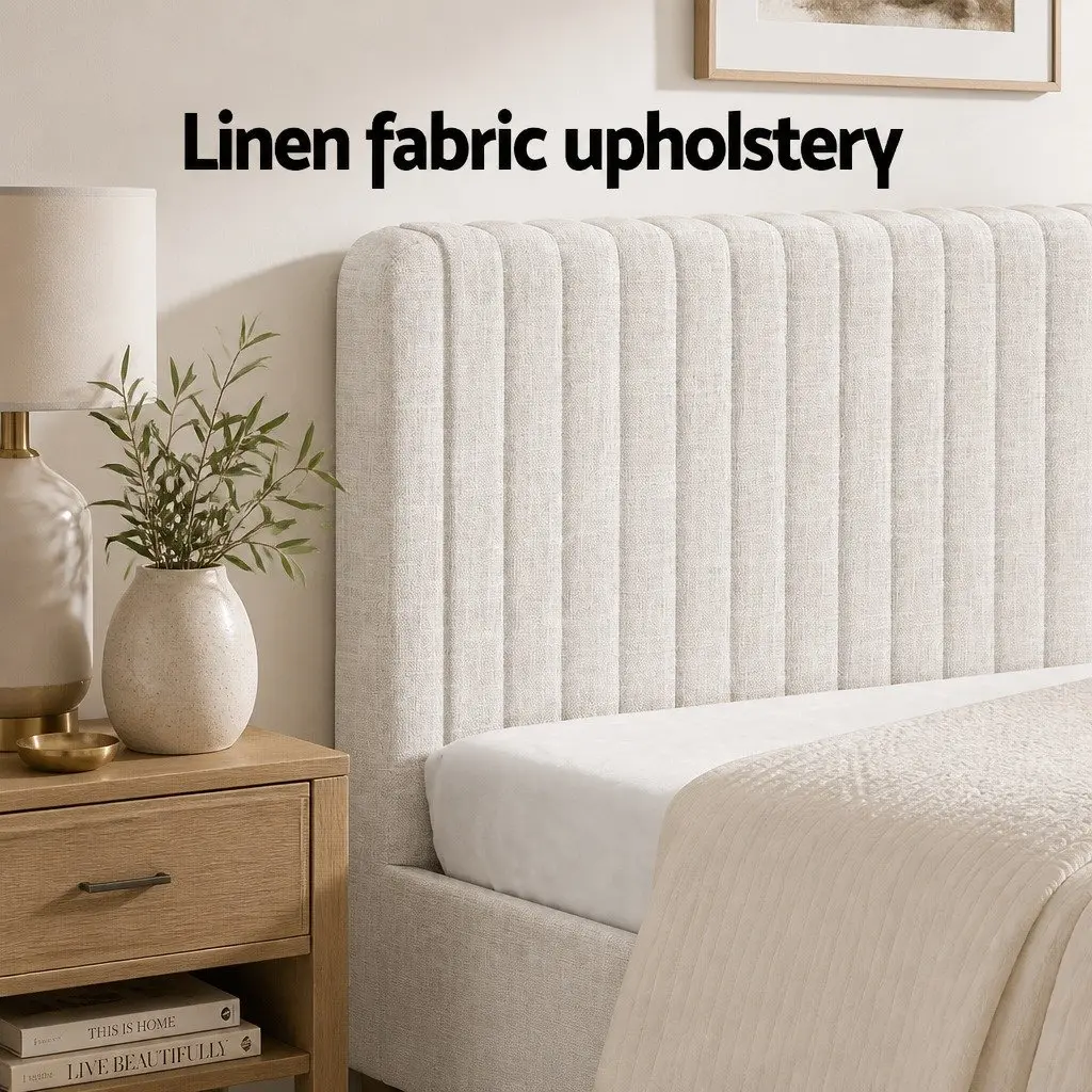 Queen Size Bed Frame Beige Upholstered Fabric with Matching Headboard and Foot