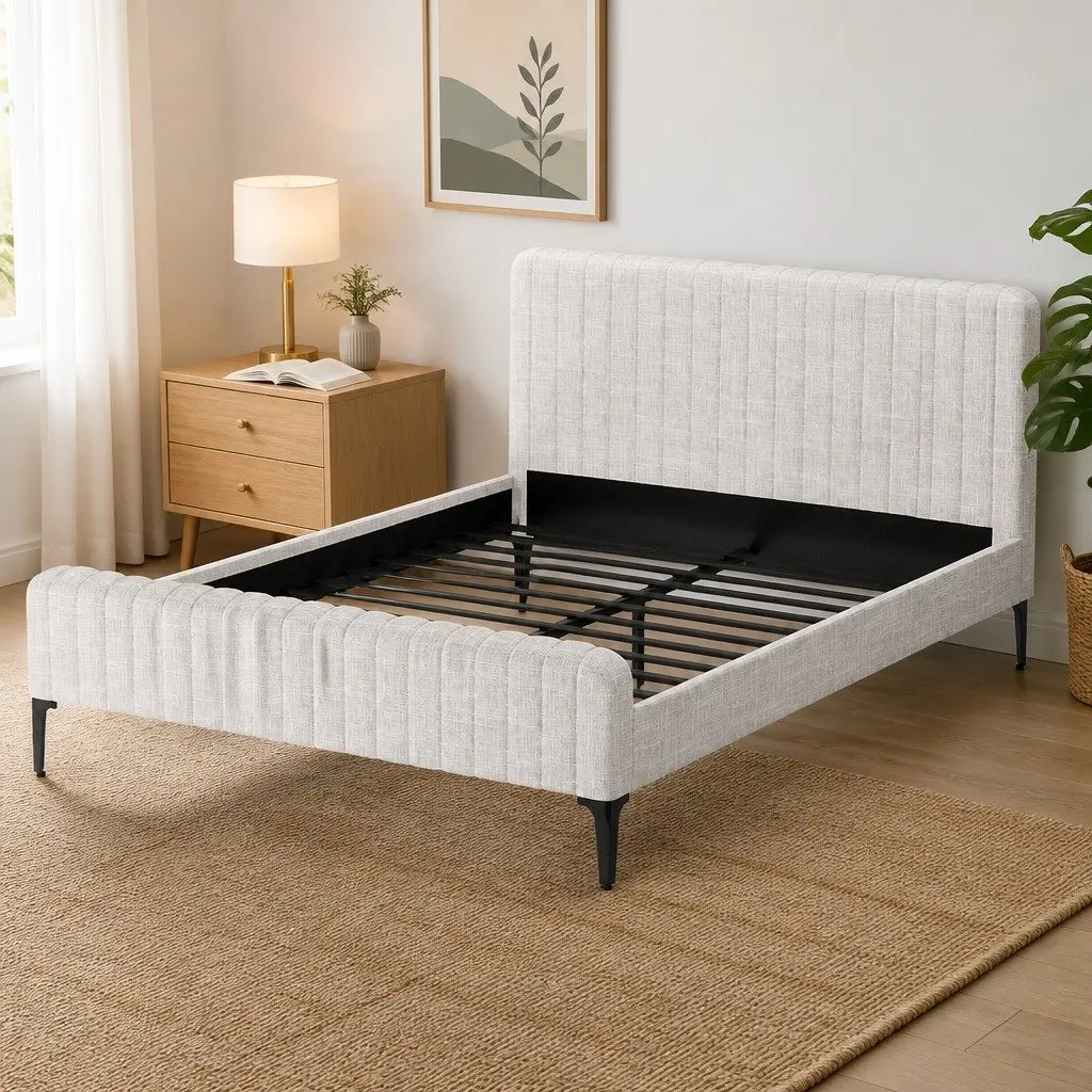 Queen Size Bed Frame Beige Upholstered Fabric with Matching Headboard and Foot