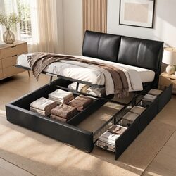 King Bed Frame Gas Lift Storage 3 Drawers Adjustable Headboard Platform Black