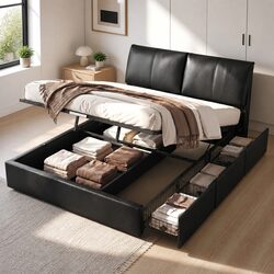 Queen Bed Frame Gas Lift Storage 3 Drawers Adjustable Headboard Platform Black