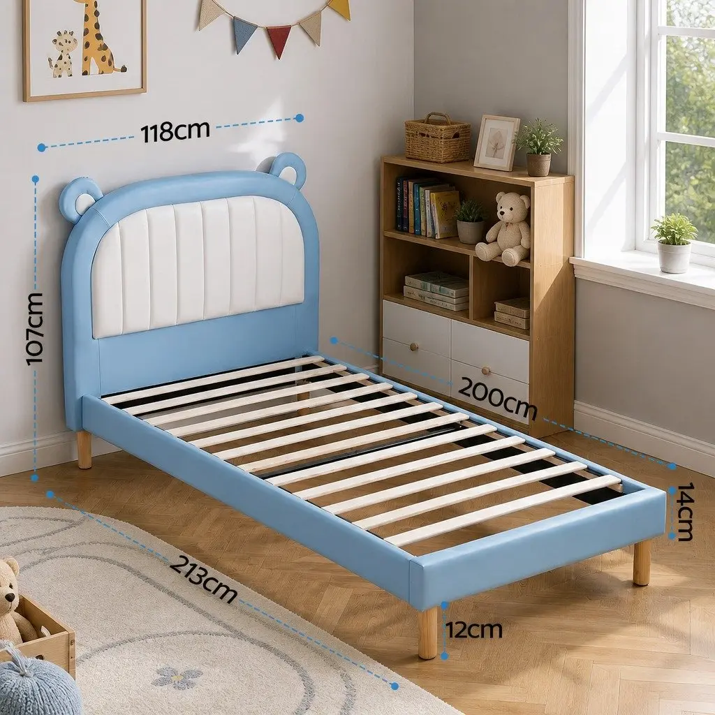 King Single Bed Frame Waterproof Upholstered Blue and White with Bear Ear Headboard