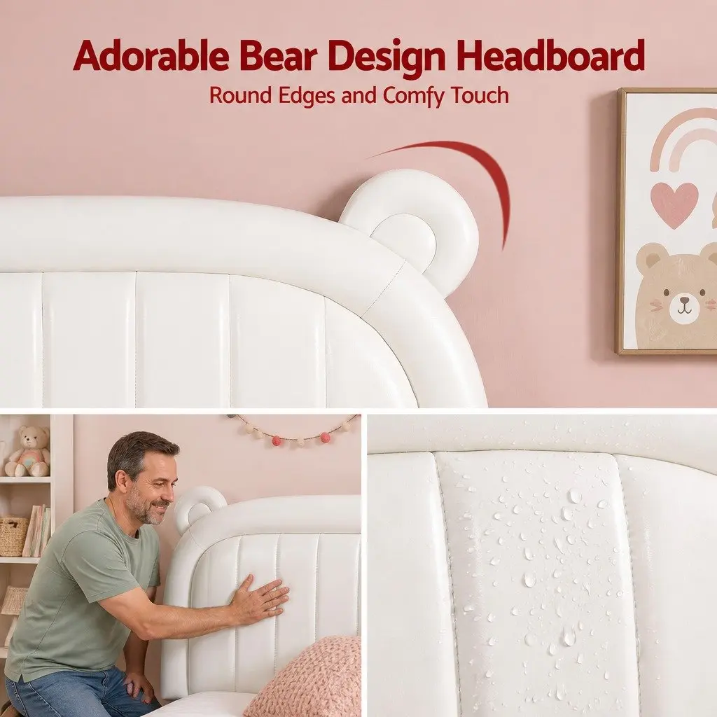 Kids Bed Frame Upholstered Bear Ears Headboard AU King Single Size
