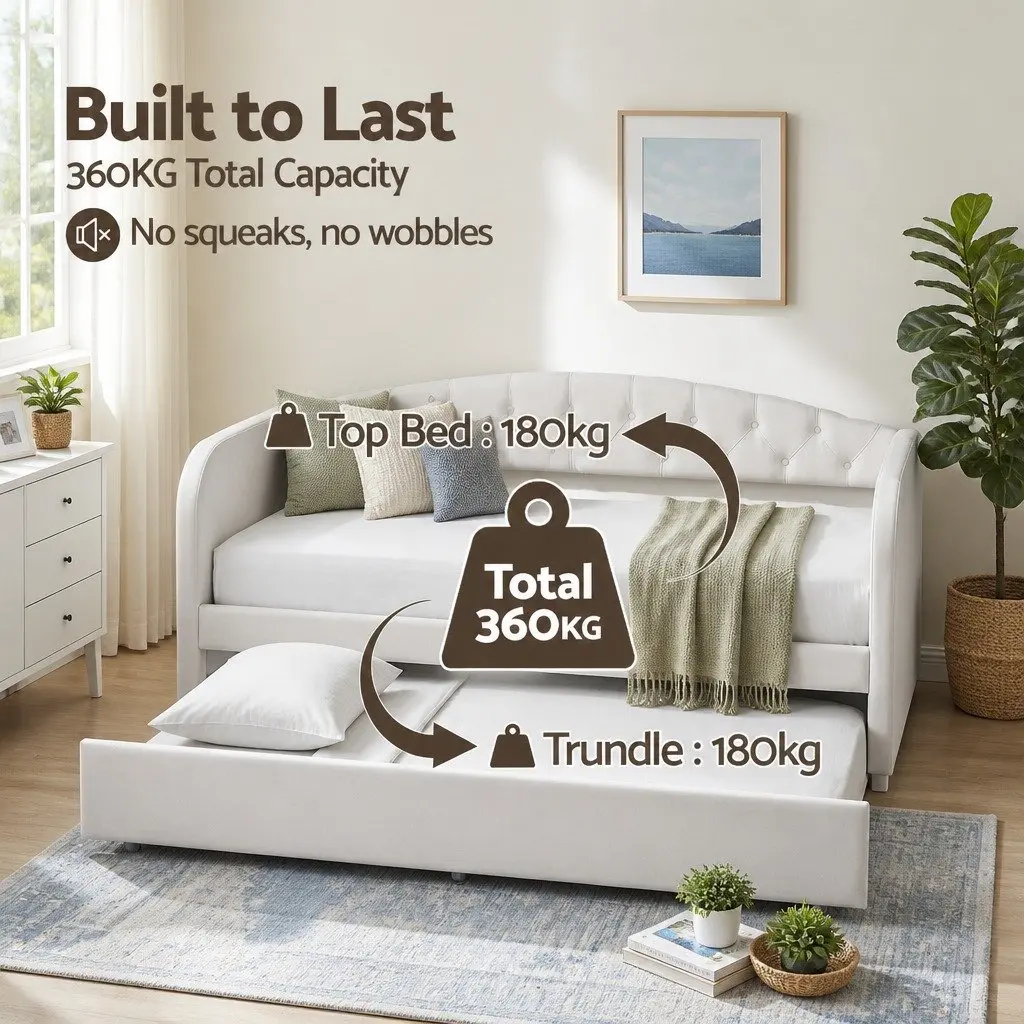 Single Daybed with Pull-Out Trundle Bed Frame Tufted Upholstered Guest Bed White