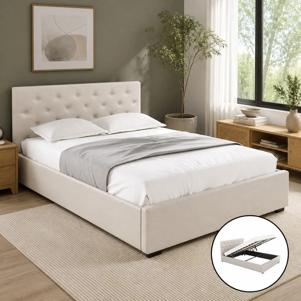 Double Bed Frame Gas Lift Storage Upholstered Beige 203cm x 144cm x 99cm