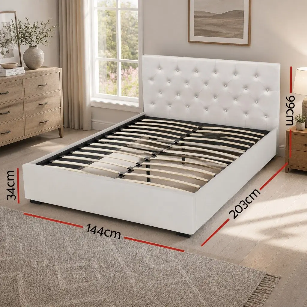 Double Bed Frame Gas Lift Storage Upholstered Beige 203cm x 144cm x 99cm