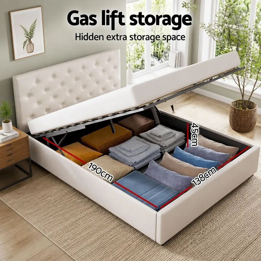 Double Bed Frame Gas Lift Storage Upholstered Beige 203cm x 144cm x 99cm