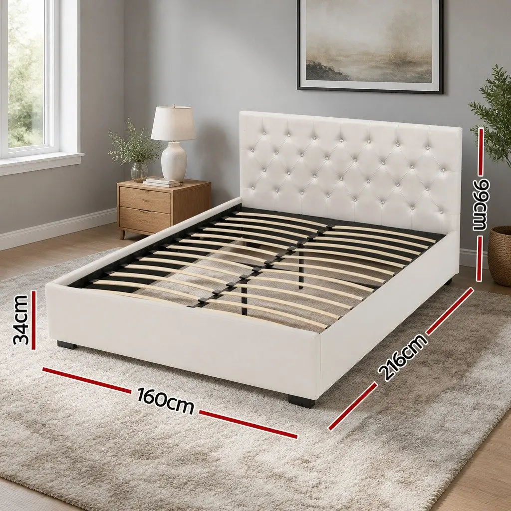 Gas Lift Storage Bed Frame Upholstered Queen Size Beige with Tufted Headboard