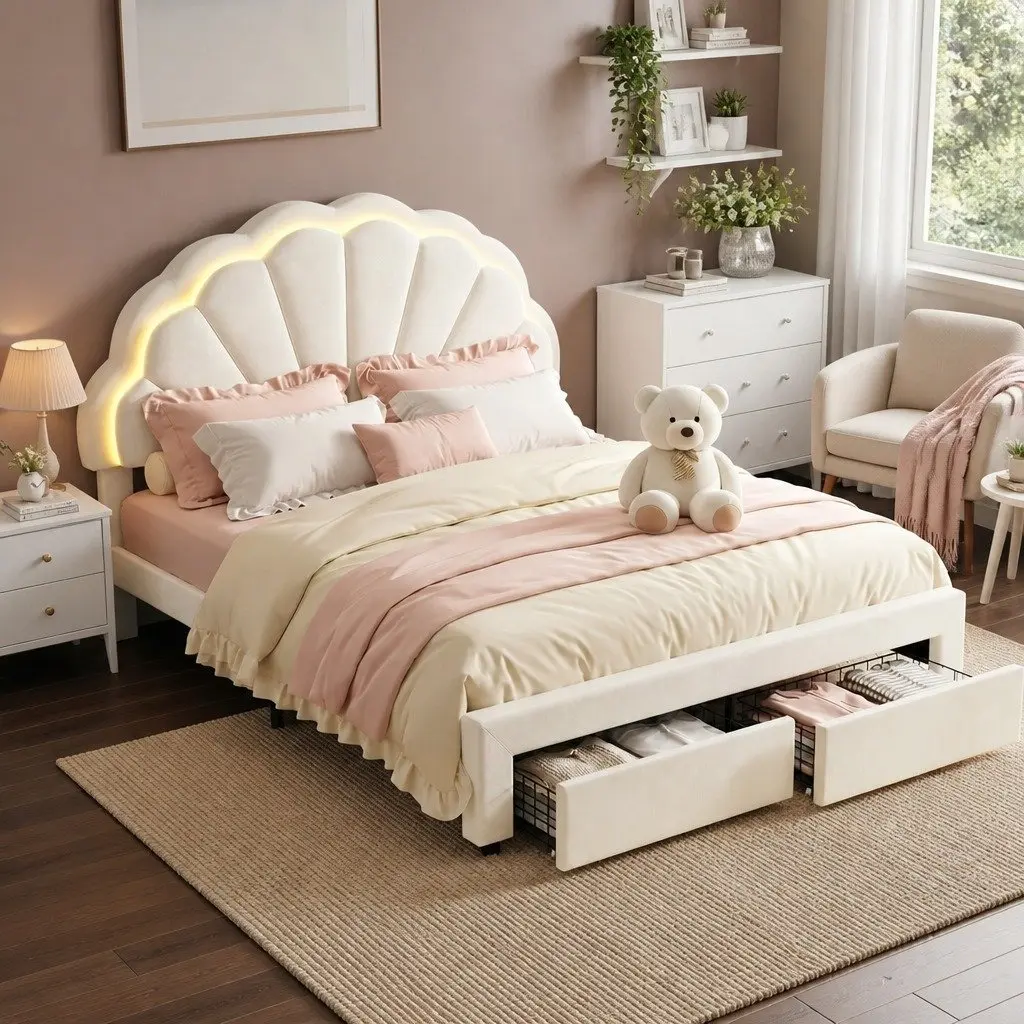 Double Bed Frame Upholstered LED Headboard with Storage Drawers 155W x 200L x 122H cm