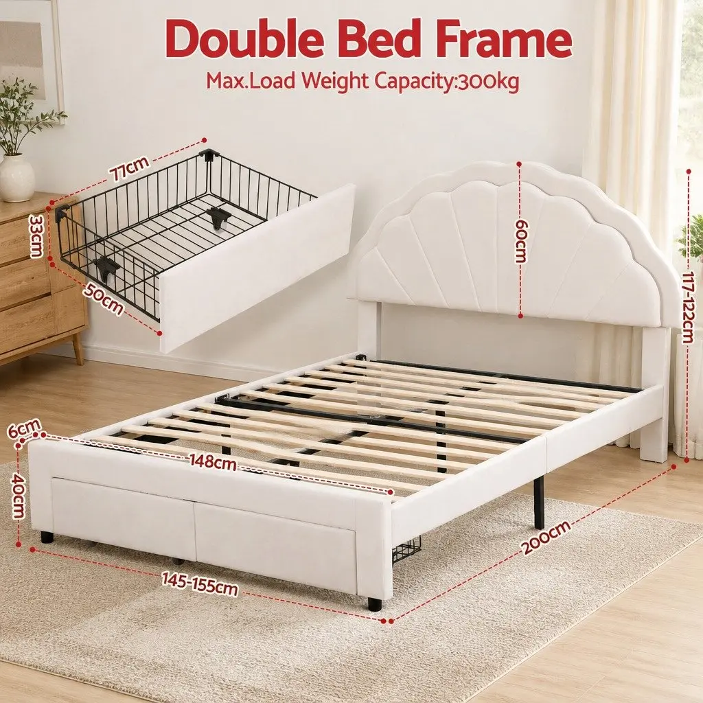 Double Bed Frame Upholstered LED Headboard with Storage Drawers 155W x 200L x 122H cm