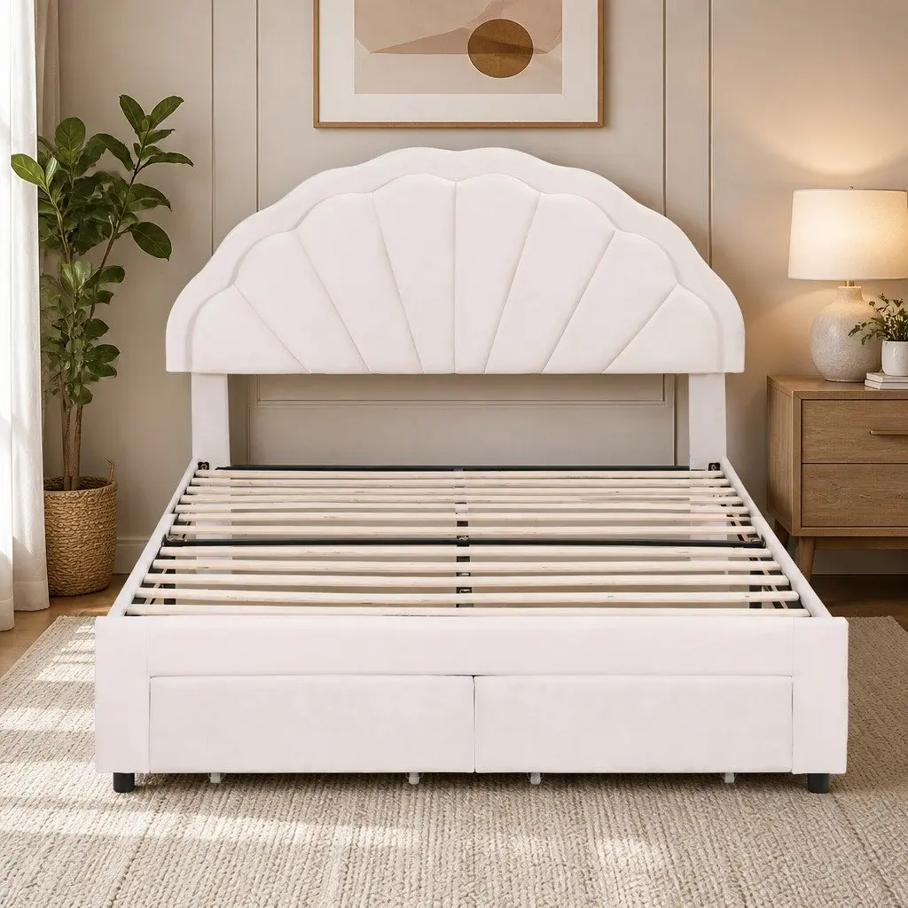 Double Bed Frame Upholstered LED Headboard with Storage Drawers 155W x 200L x 122H cm