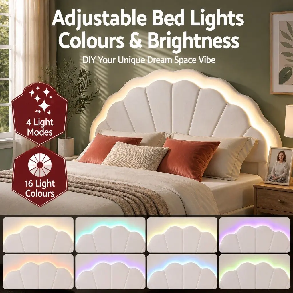Double Bed Frame Upholstered LED Headboard with Storage Drawers 155W x 200L x 122H cm