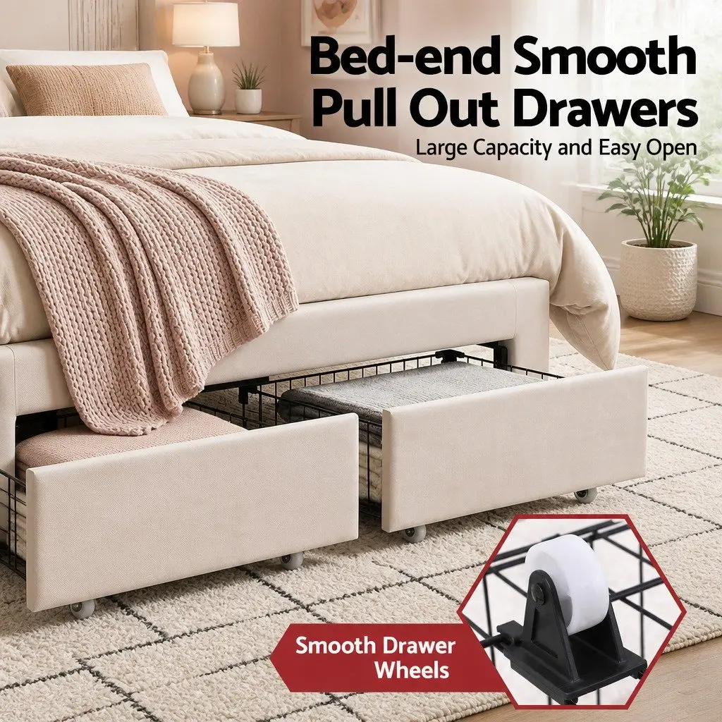 Double Bed Frame Upholstered LED Headboard with Storage Drawers 155W x 200L x 122H cm