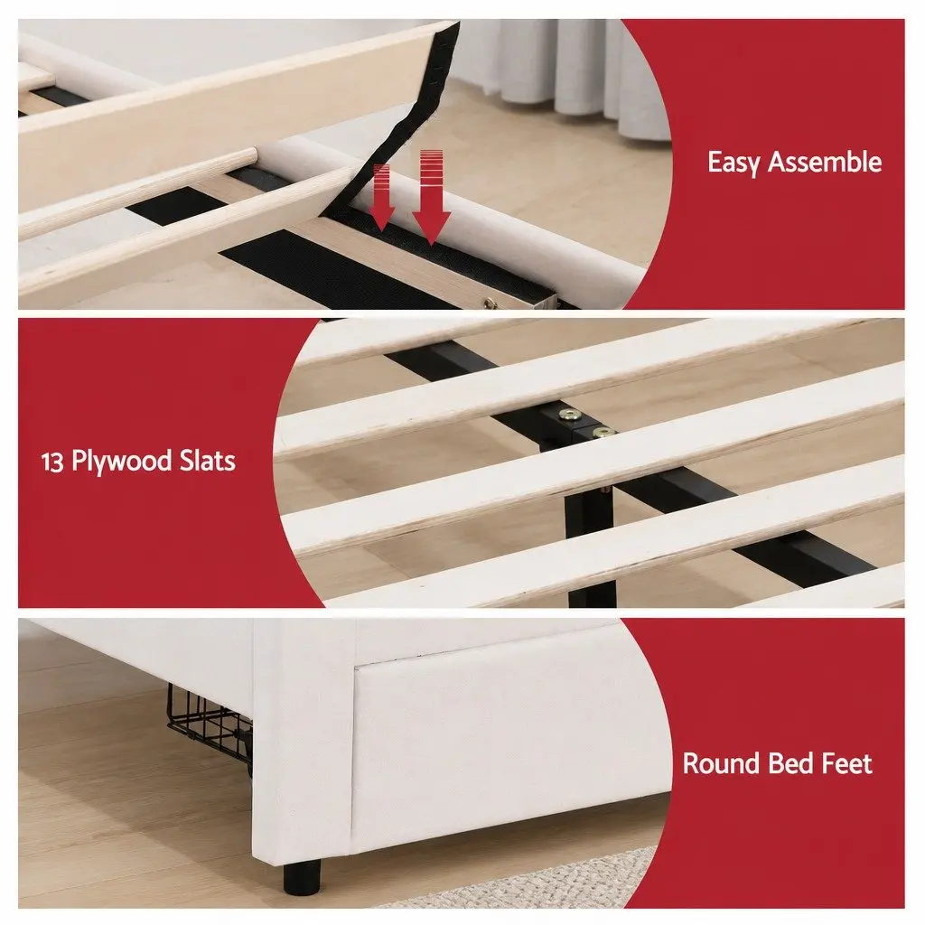Double Bed Frame Upholstered LED Headboard with Storage Drawers 155W x 200L x 122H cm