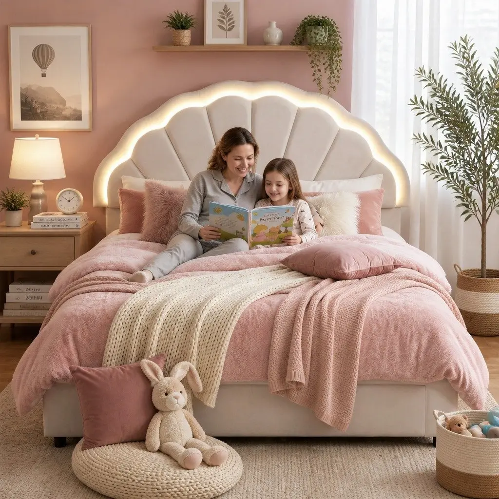 Double Bed Frame Upholstered LED Headboard with Storage Drawers 155W x 200L x 122H cm