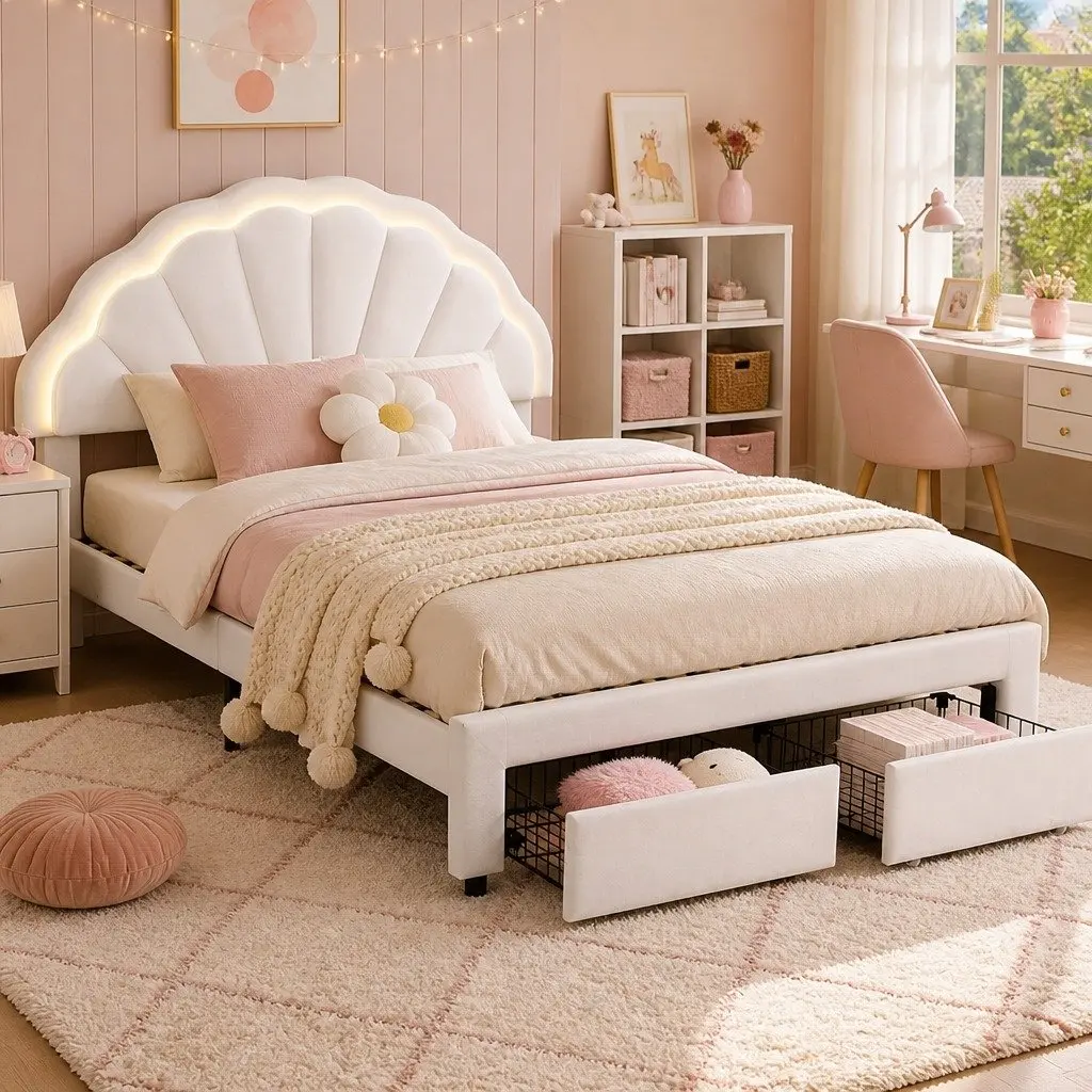 Double Bed Frame Upholstered LED Headboard with Storage Drawers 155W x 200L x 122H cm