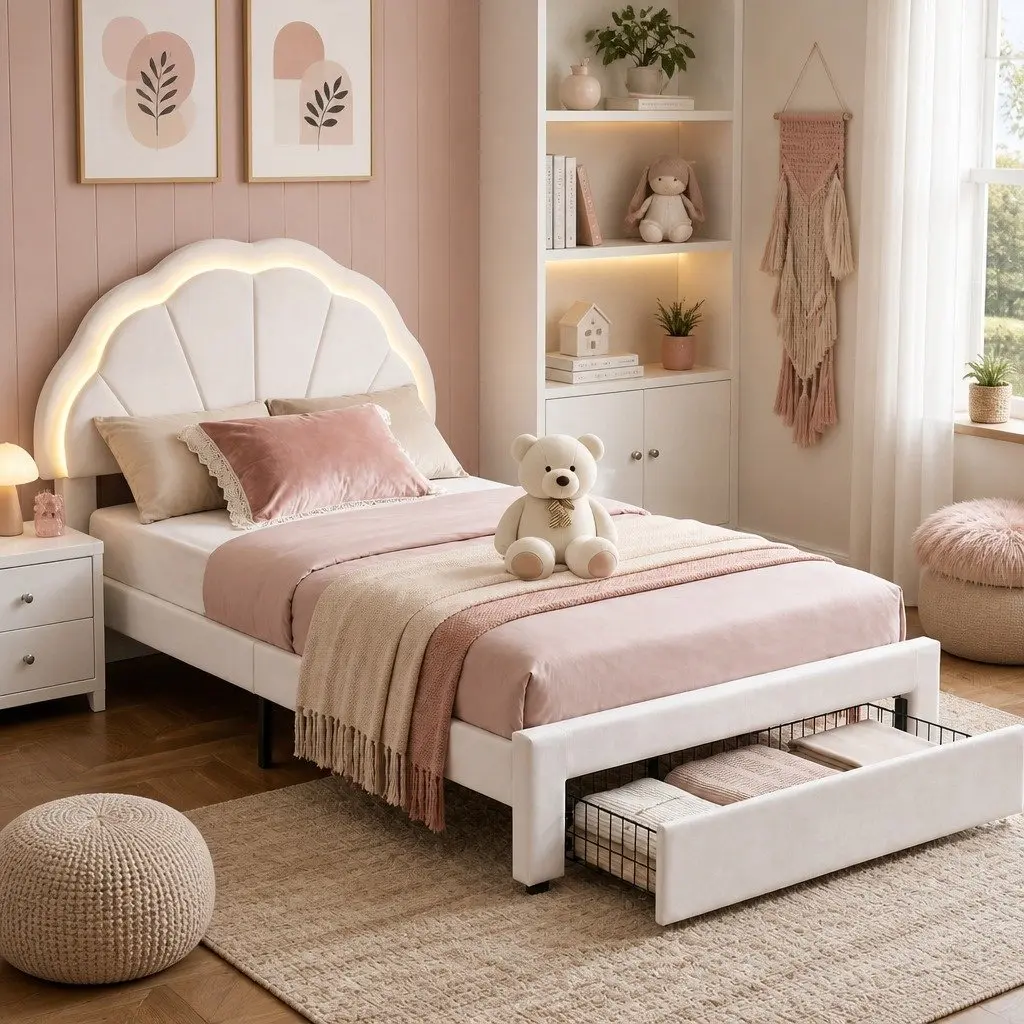 King Single Bed Frame Upholstered with Storage Drawer LED Headboard 125W x 215L x 122H cm