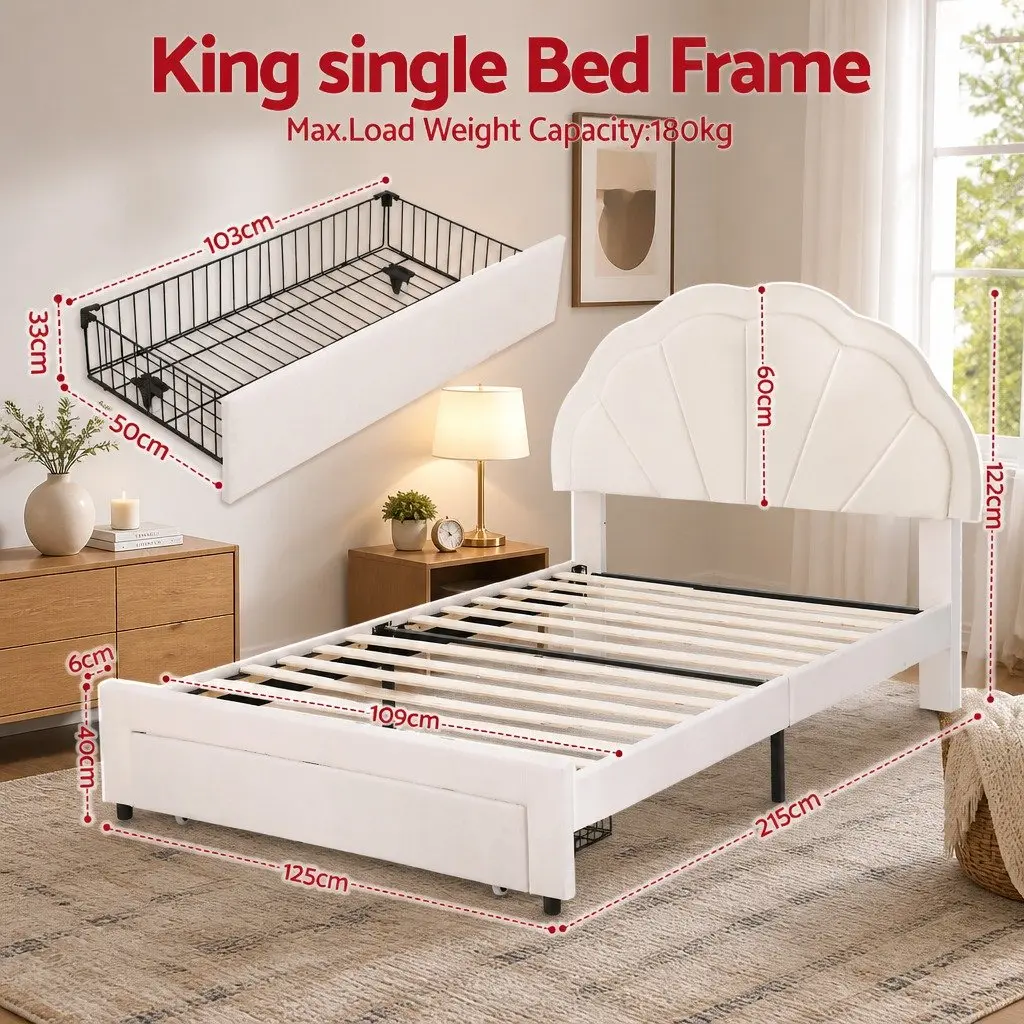 King Single Bed Frame Upholstered with Storage Drawer LED Headboard 125W x 215L x 122H cm