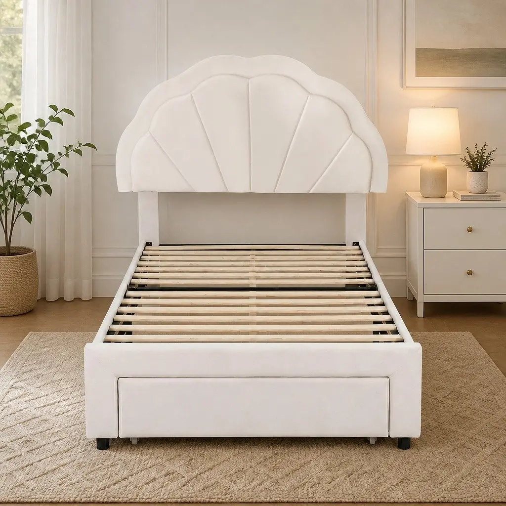 King Single Bed Frame Upholstered with Storage Drawer LED Headboard 125W x 215L x 122H cm
