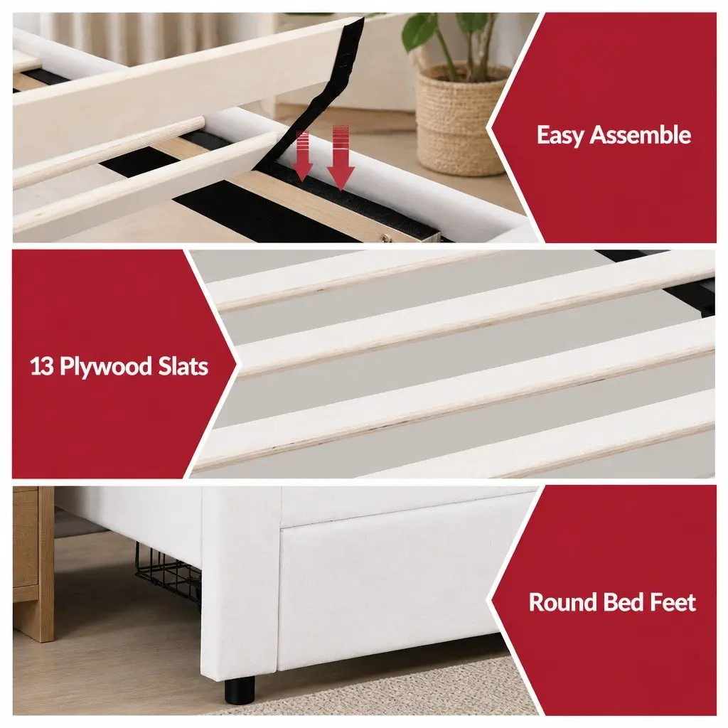 King Single Bed Frame Upholstered with Storage Drawer LED Headboard 125W x 215L x 122H cm