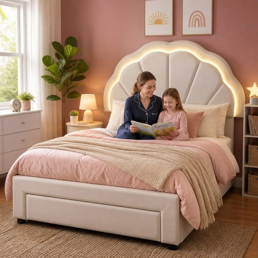 King Single Bed Frame Upholstered with Storage Drawer LED Headboard 125W x 215L x 122H cm