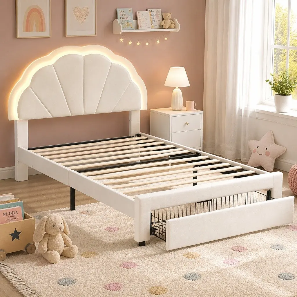 King Single Bed Frame Upholstered with Storage Drawer LED Headboard 125W x 215L x 122H cm