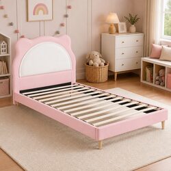 Kids' Pink Upholstered King Single Bed Frame with Headboard