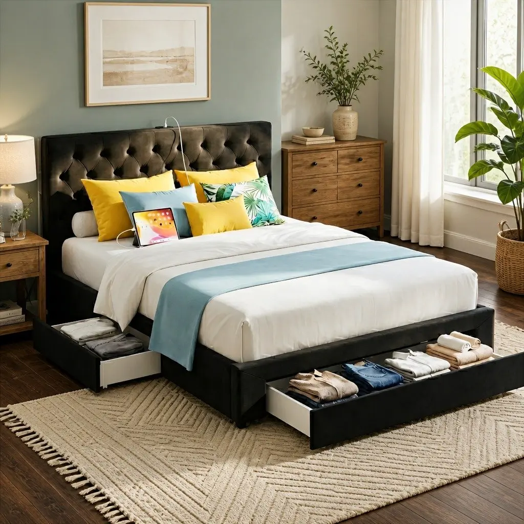 King Bed Frame Upholstered with Storage Drawers and Charging Station USB Type-C 195W x 222L x 110H cm