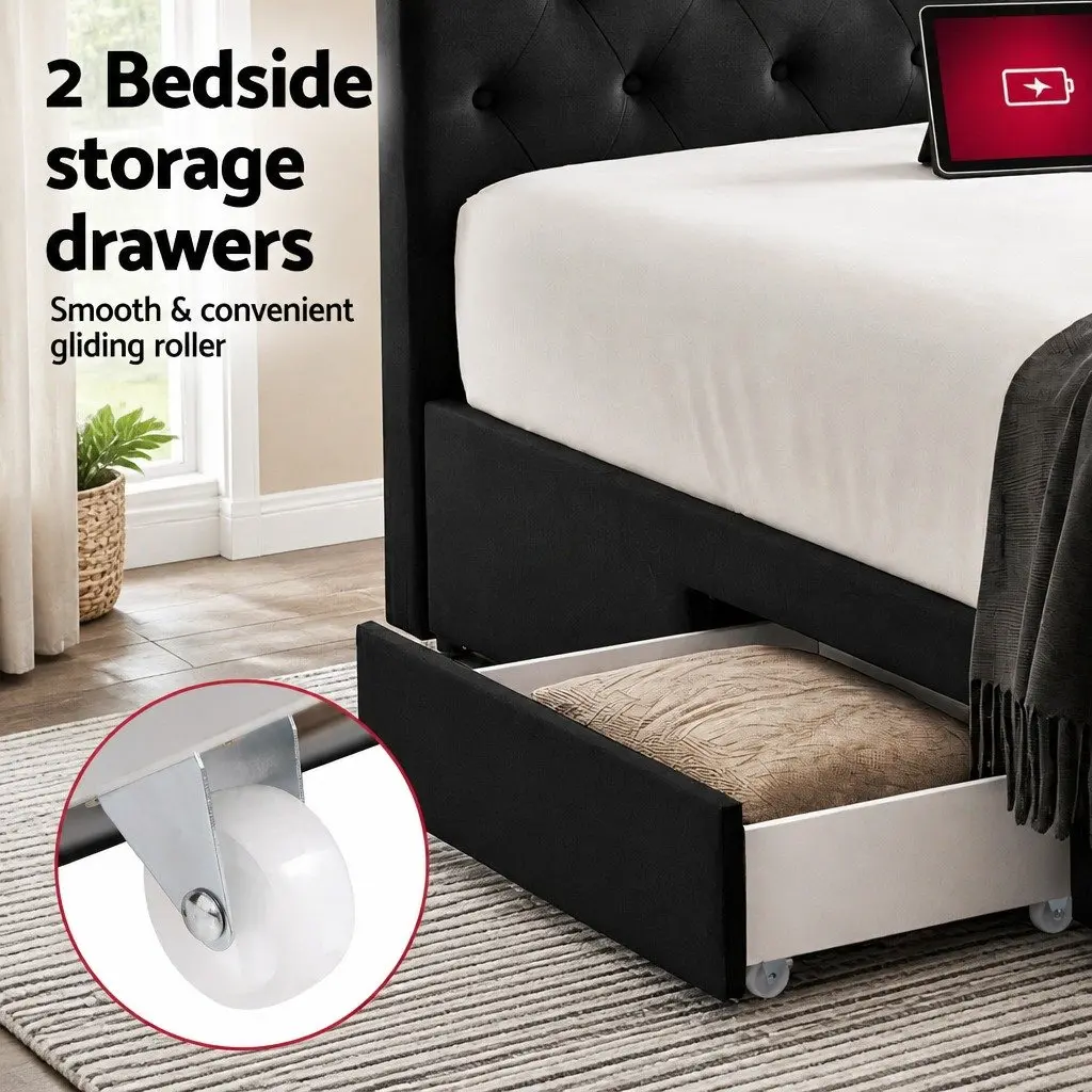 King Bed Frame Upholstered with Storage Drawers and Charging Station USB Type-C 195W x 222L x 110H cm