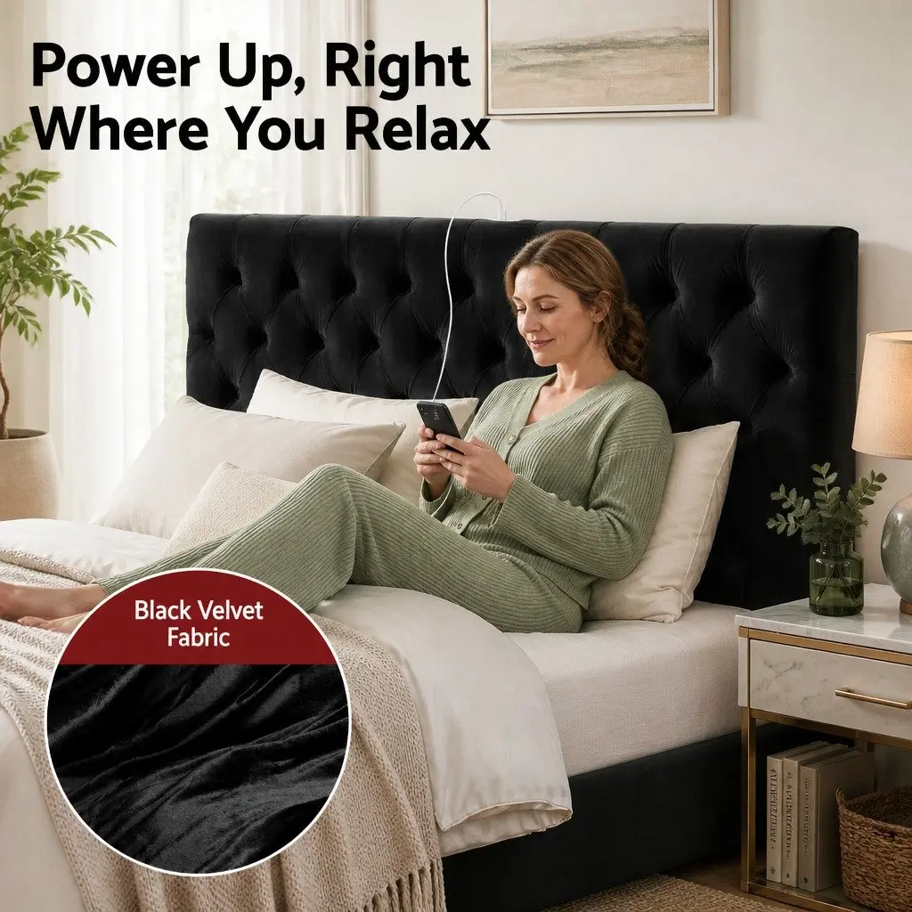 King Bed Frame Upholstered with Storage Drawers and Charging Station USB Type-C 195W x 222L x 110H cm