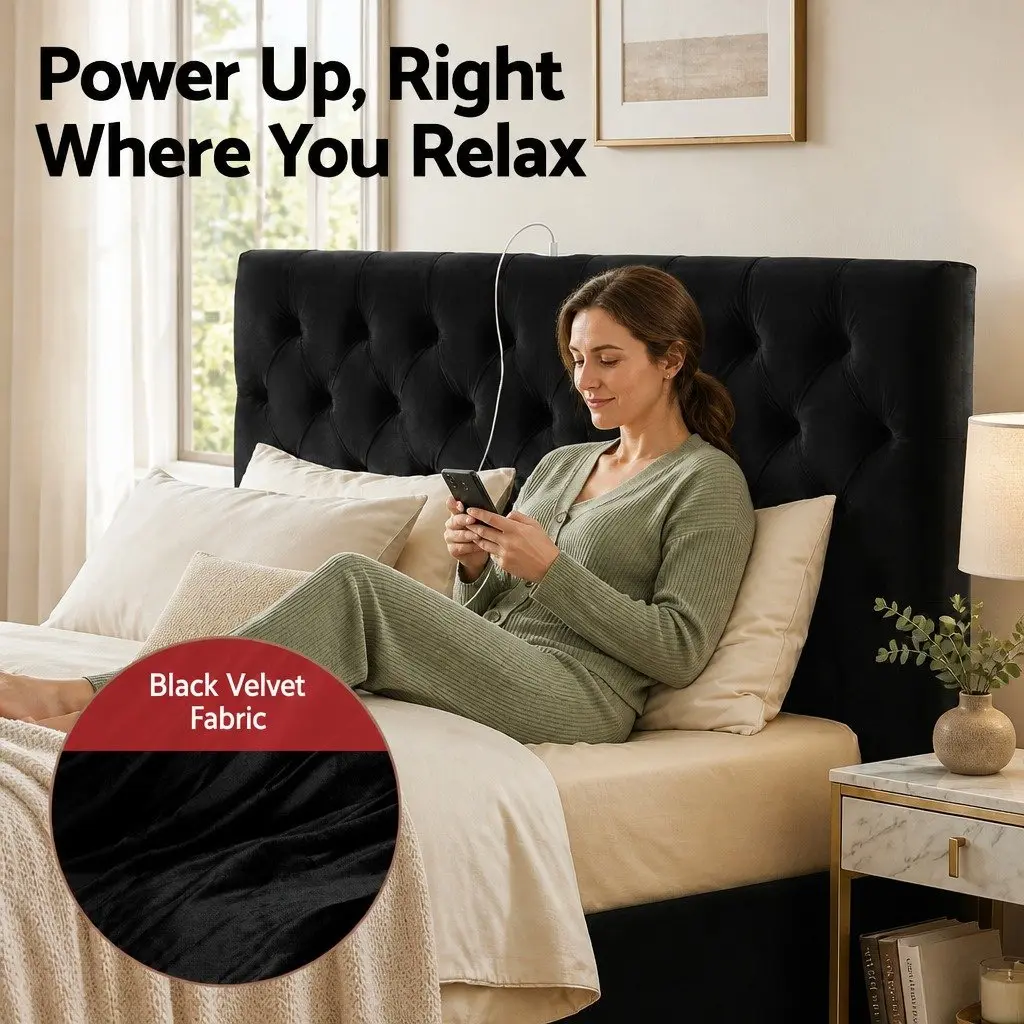 Queen Upholstered Bed Frame with Storage Drawers and Charging Station USB Type-C