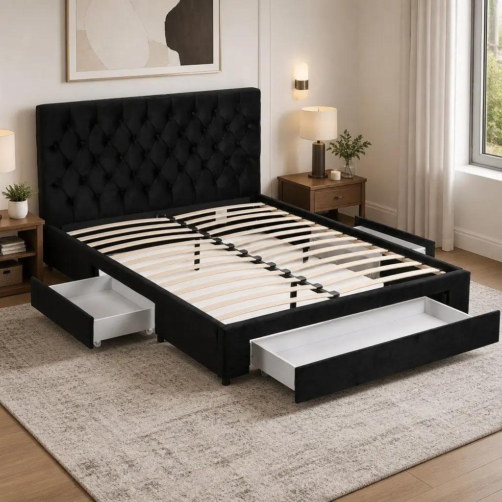 Queen Upholstered Bed Frame with Storage Drawers and Charging Station USB Type-C