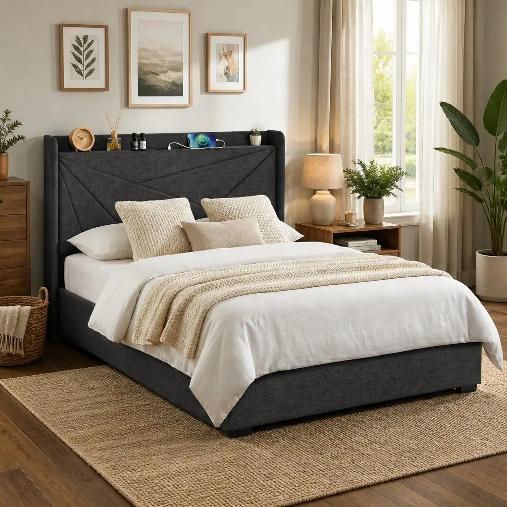 Double Bed Frame Gas Lift Storage Upholstered Headboard with Charging Ports
