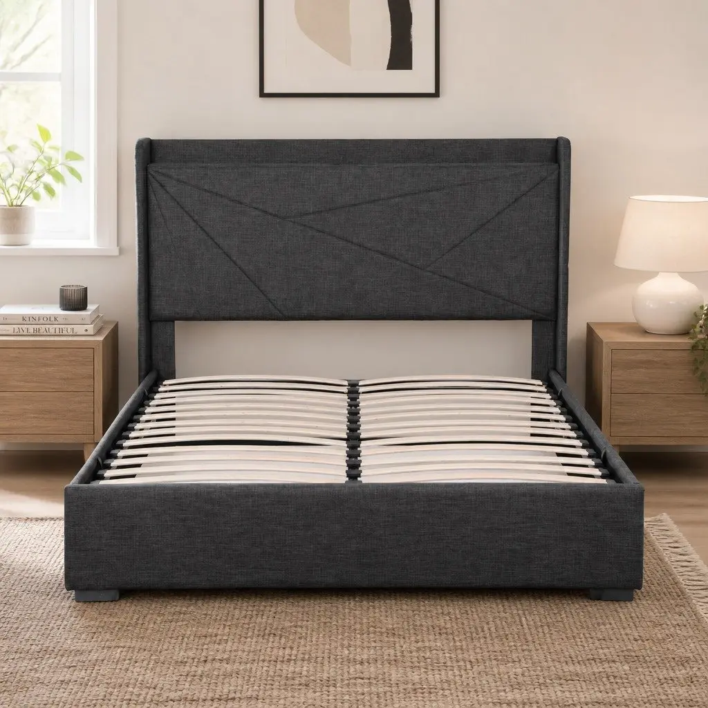 Double Bed Frame Gas Lift Storage Upholstered Headboard with Charging Ports