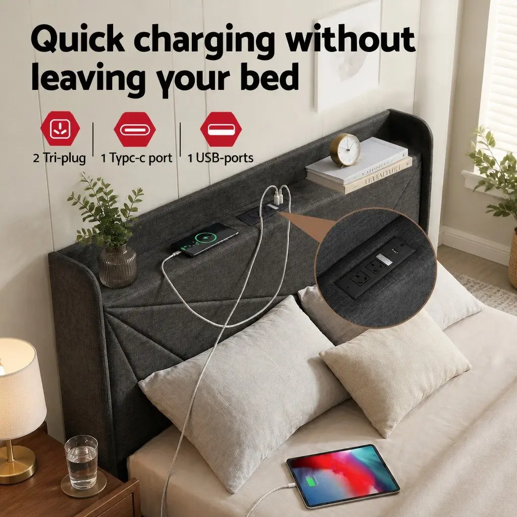 Double Bed Frame Gas Lift Storage Upholstered Headboard with Charging Ports