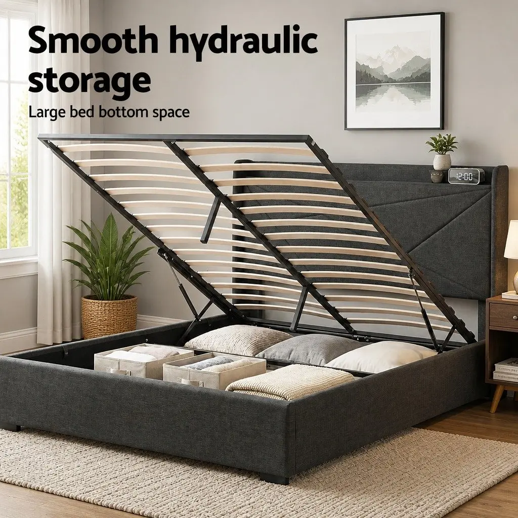 Double Bed Frame Gas Lift Storage Upholstered Headboard with Charging Ports