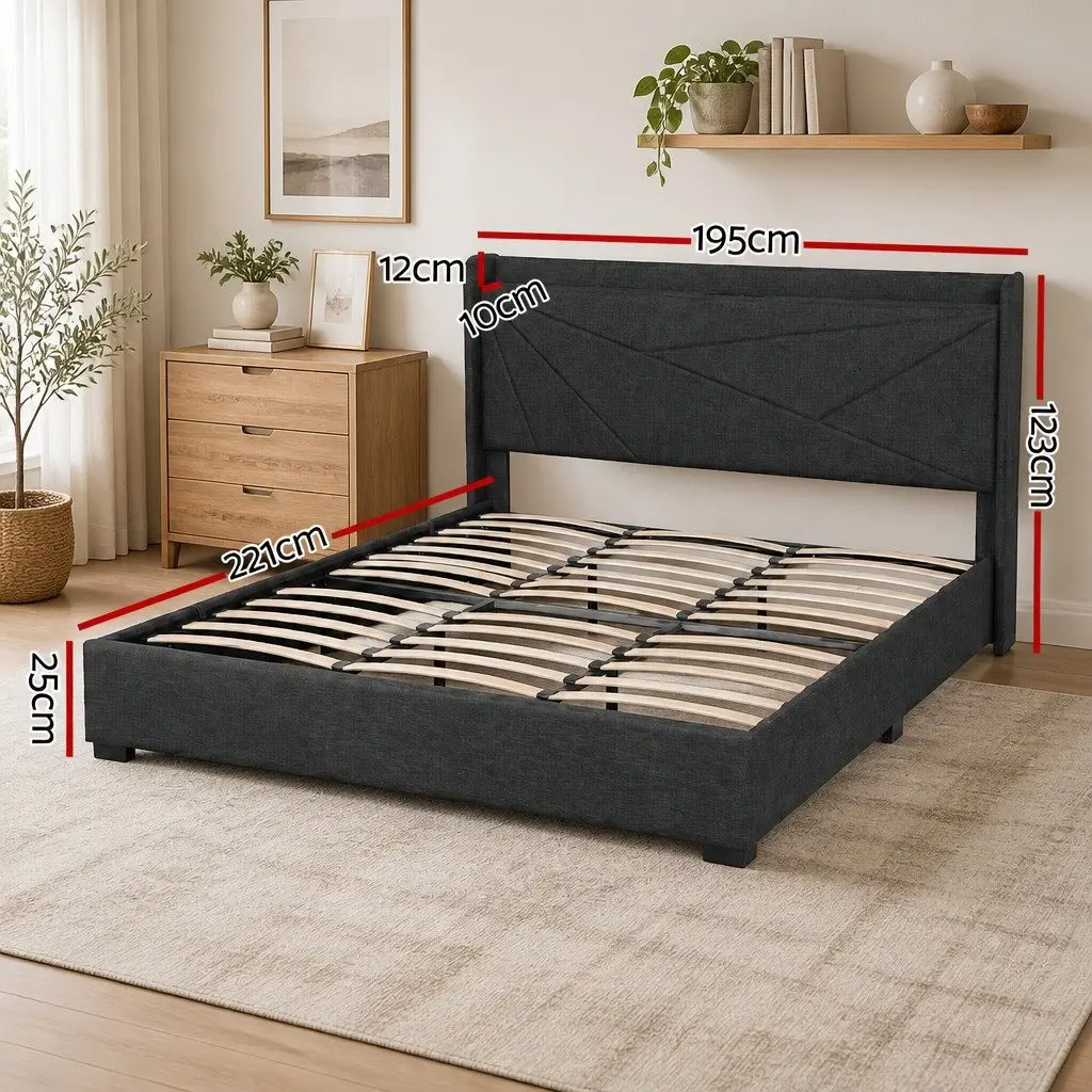 King Bed Frame Gas Lift Storage Upholstered Headboard Charging Ports Bedroom