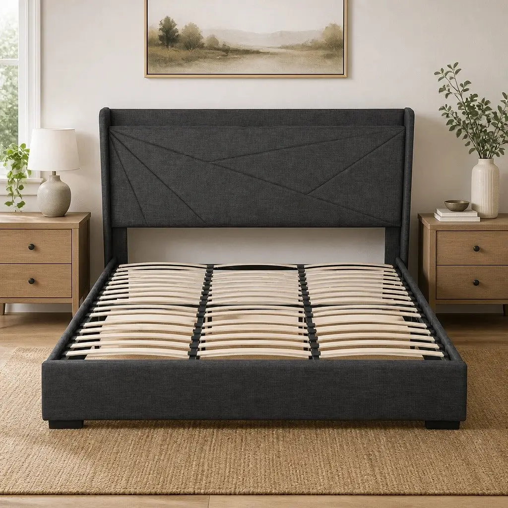 King Bed Frame Gas Lift Storage Upholstered Headboard Charging Ports Bedroom