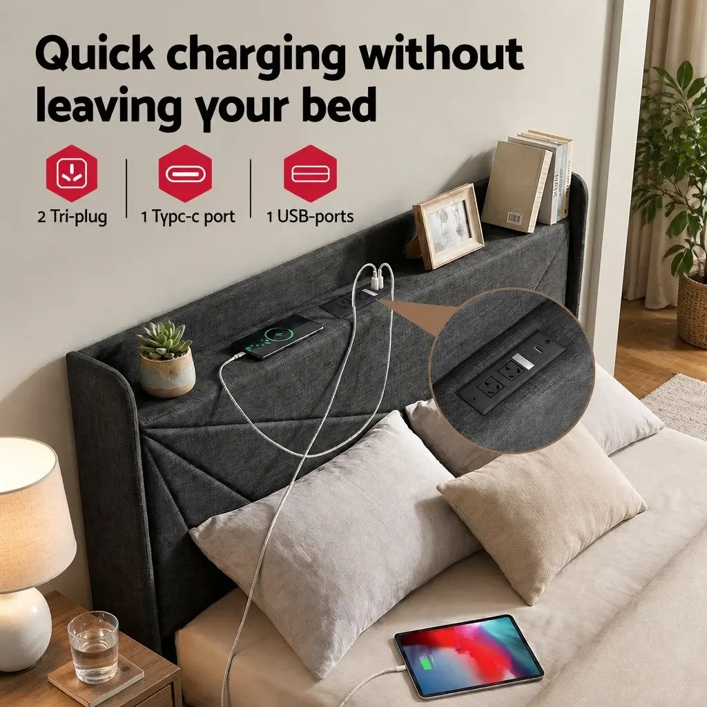 Queen Bed Frame with Storage and Charging Ports