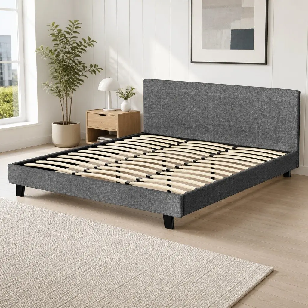 King Bed Frame with Upholstered Padded Headboard and Wooden Slat Base in Grey