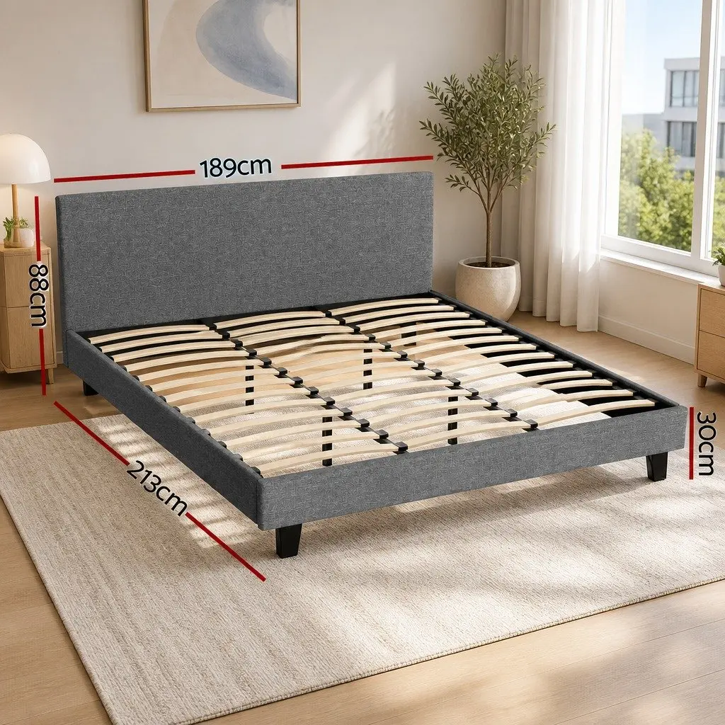 King Bed Frame with Upholstered Padded Headboard and Wooden Slat Base in Grey