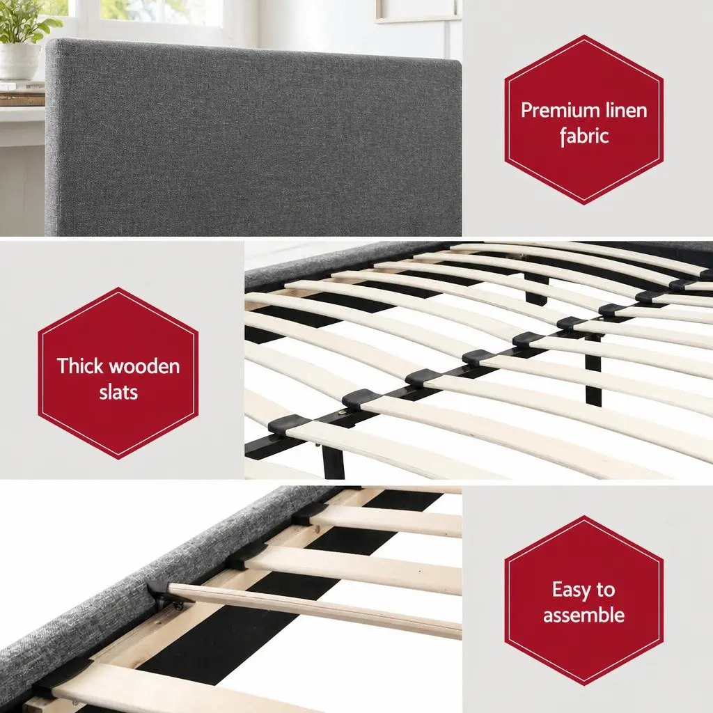 King Bed Frame with Upholstered Padded Headboard and Wooden Slat Base in Grey
