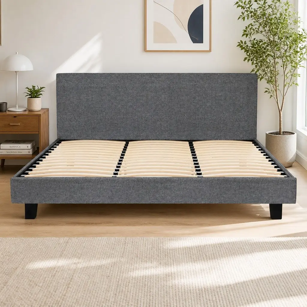King Bed Frame with Upholstered Padded Headboard and Wooden Slat Base in Grey
