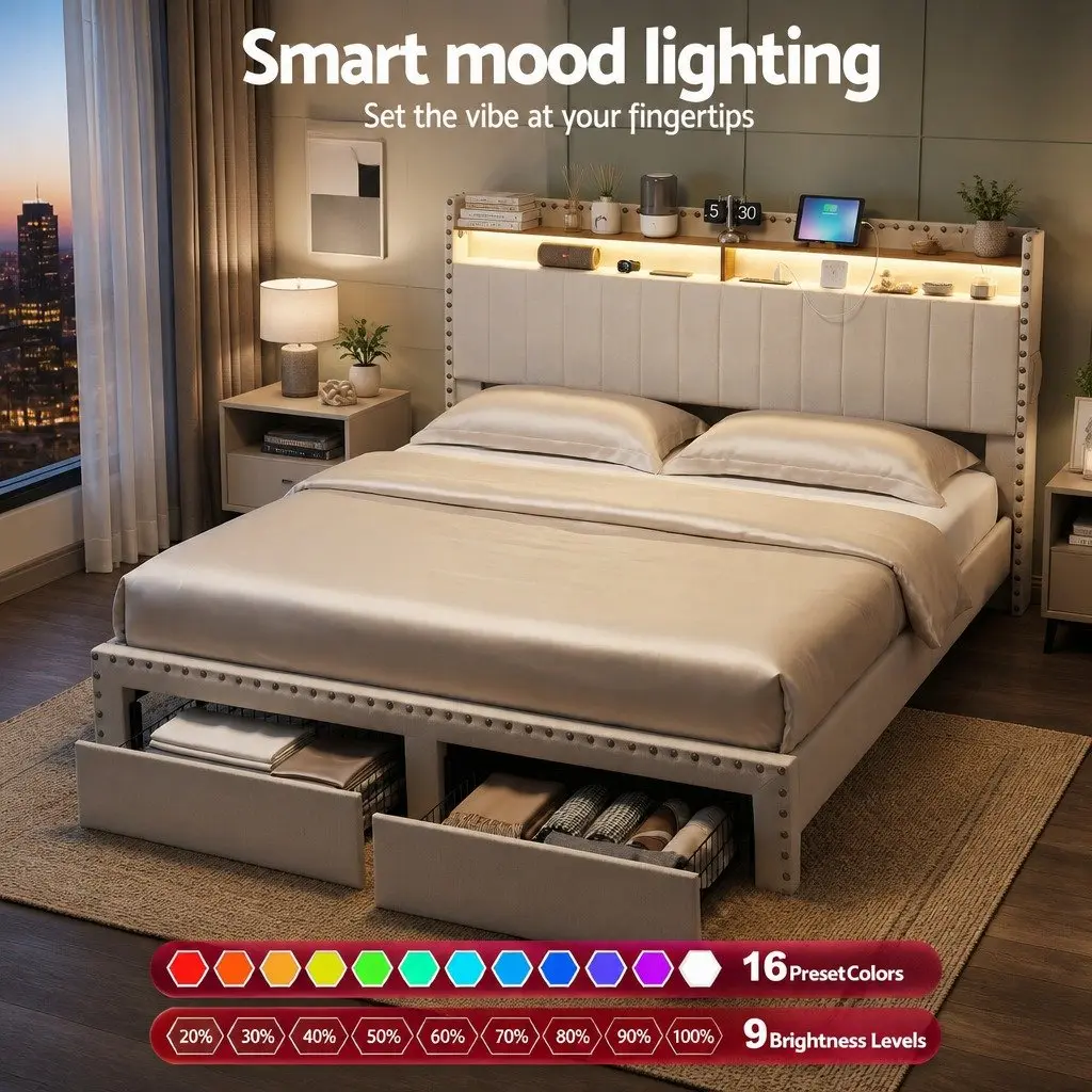 King Upholstered Bed Frame with Mood Lighting Charging Station Storage Drawers 191W x 214L x 114H cm