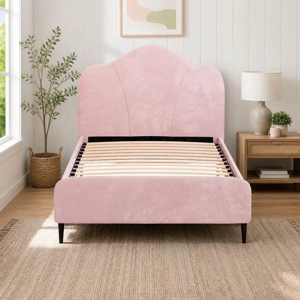 Pink Velvet Upholstered King Single Bed Frame Solid Hardwood with Padded Headboard and Wooden Slats