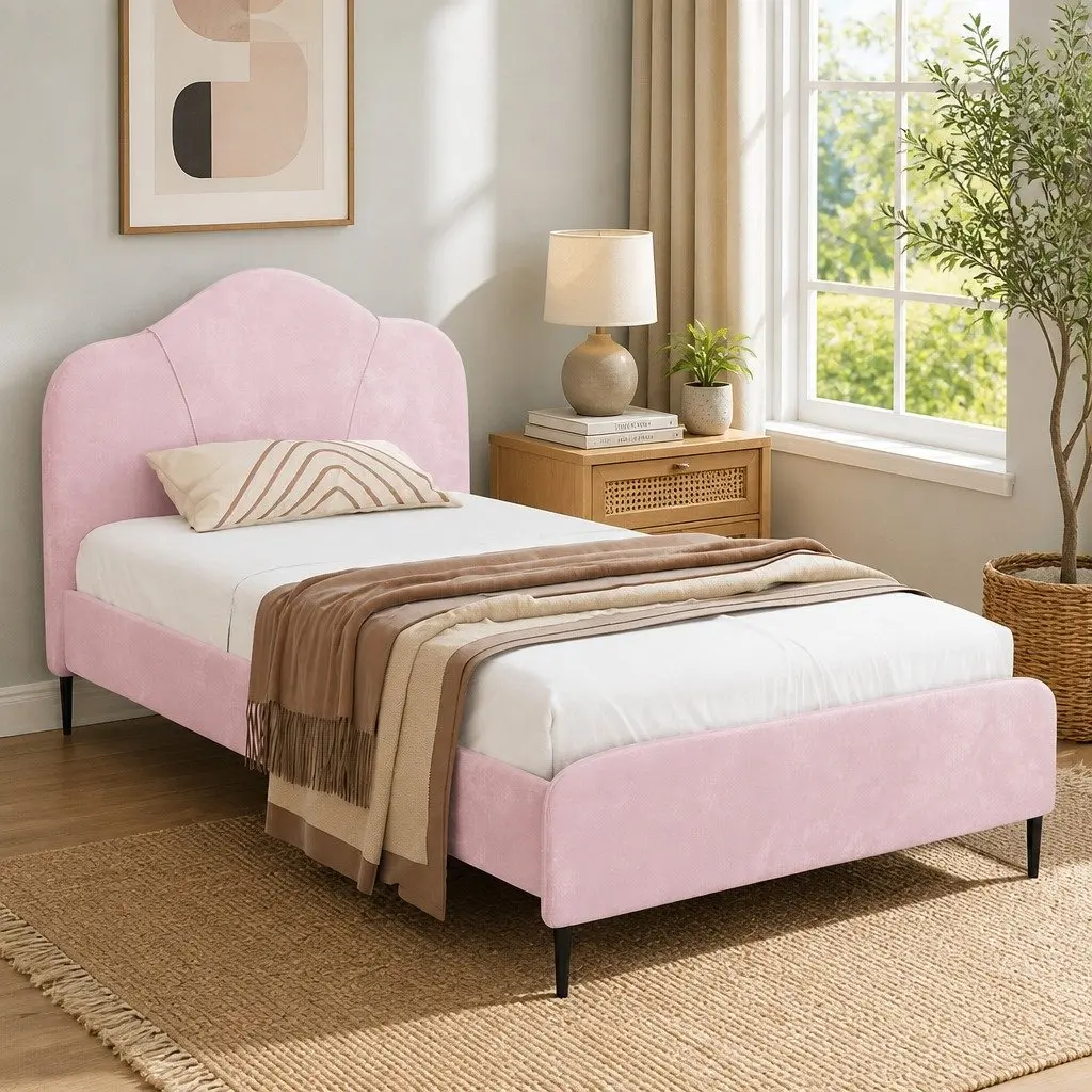 Pink Velvet Upholstered King Single Bed Frame Solid Hardwood with Padded Headboard and Wooden Slats