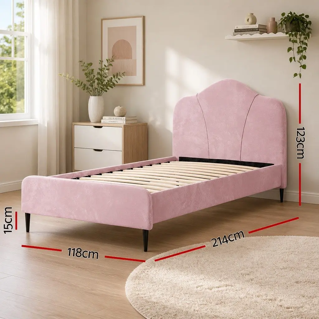 Pink Velvet Upholstered King Single Bed Frame Solid Hardwood with Padded Headboard and Wooden Slats