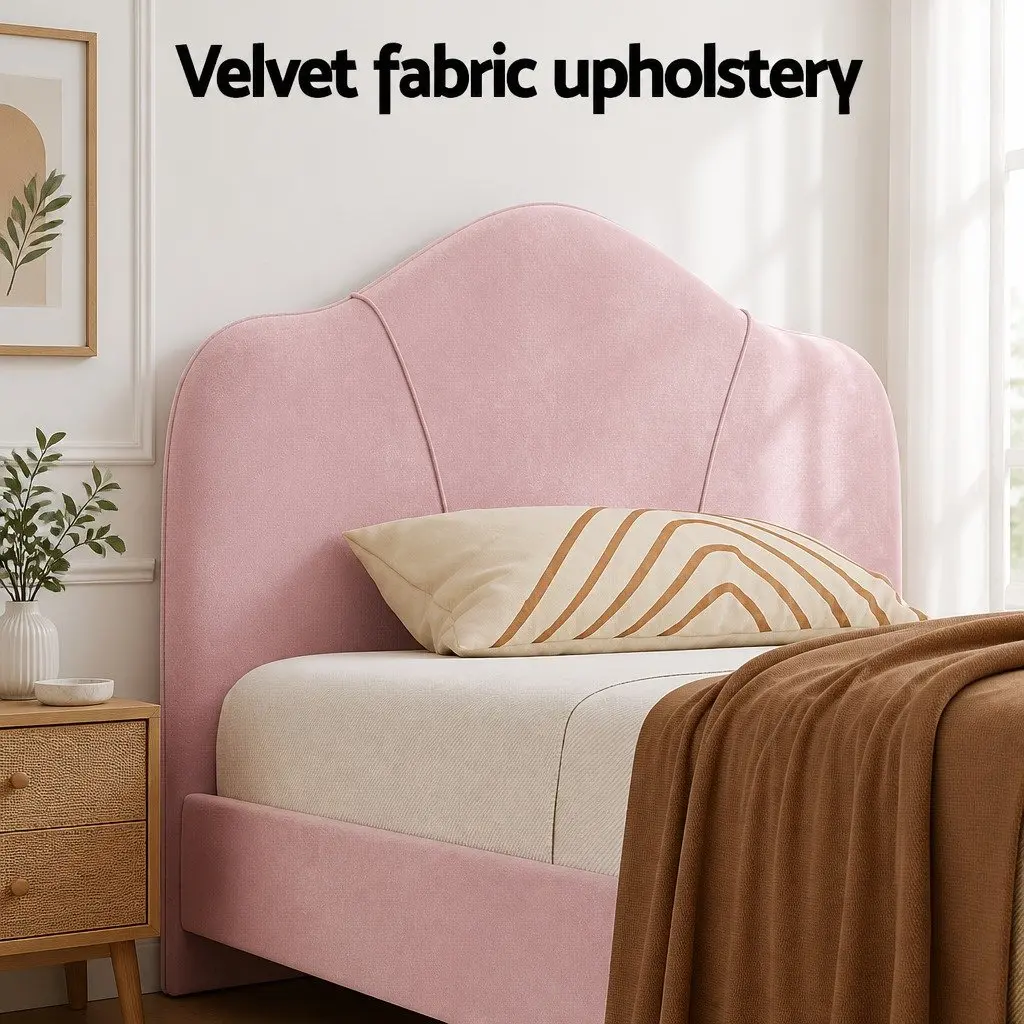 Pink Velvet Upholstered King Single Bed Frame Solid Hardwood with Padded Headboard and Wooden Slats