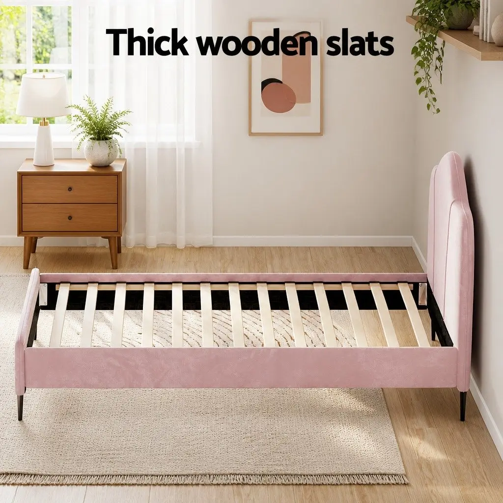 Pink Velvet Upholstered King Single Bed Frame Solid Hardwood with Padded Headboard and Wooden Slats