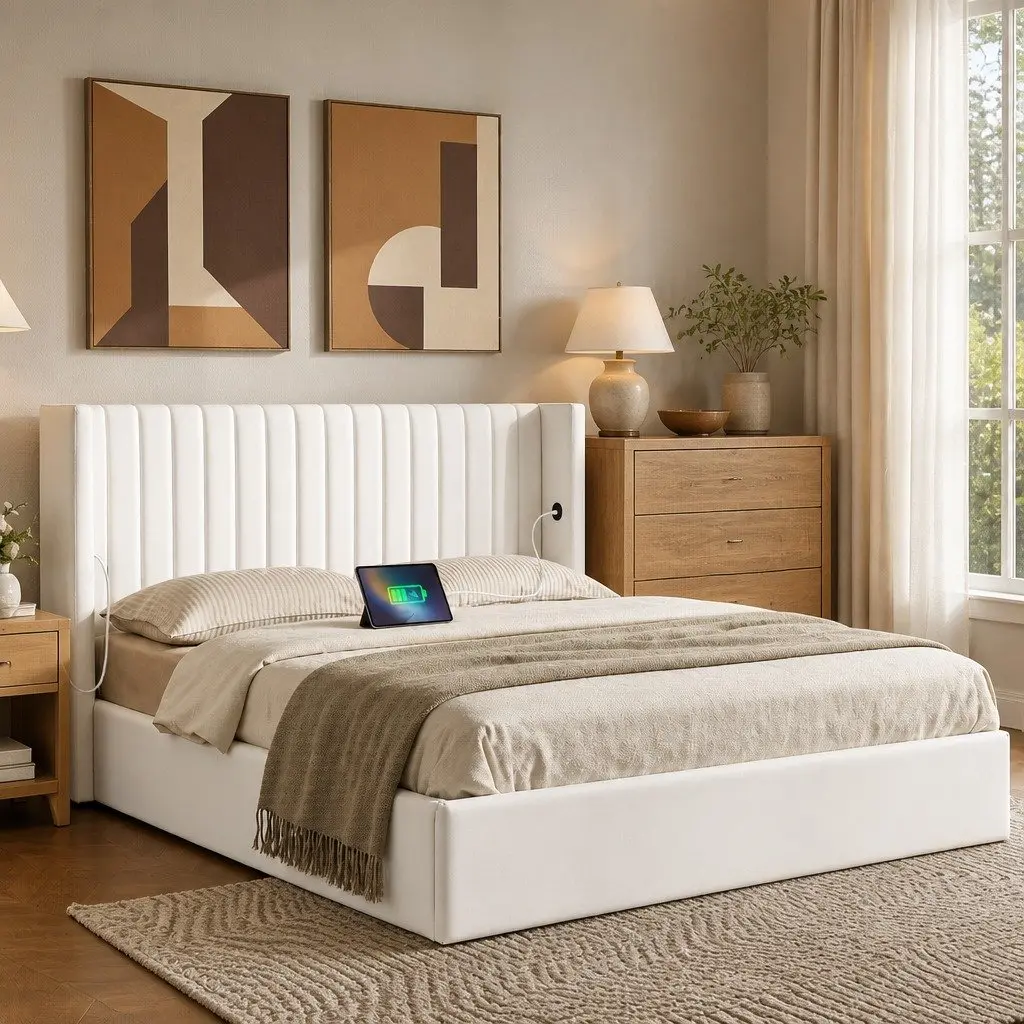 Double Bed Frame Gaslift Storage Velvet White 158W x 205L x 115H cm